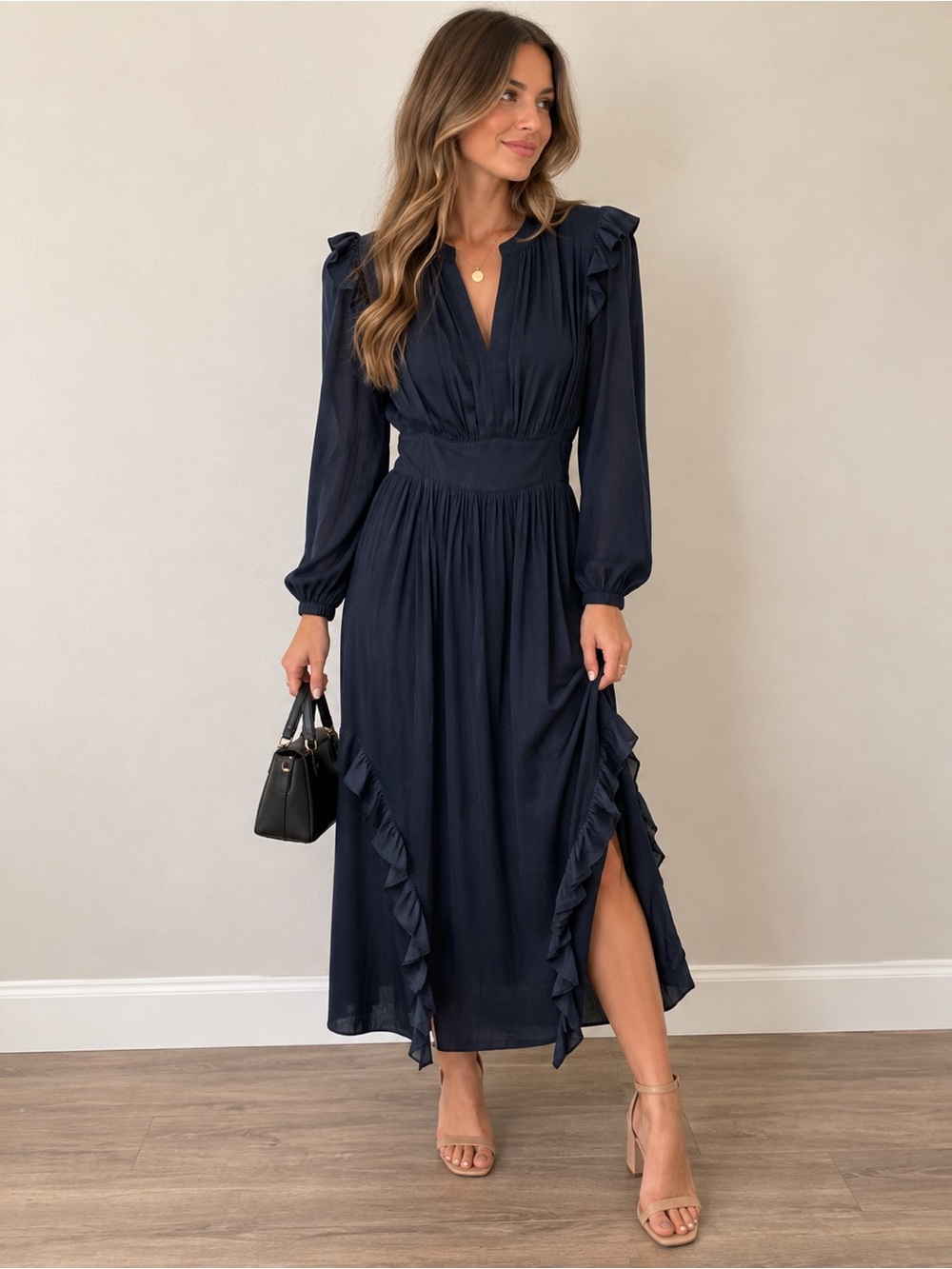 Current Air Navy Ruffle-Detail Pleated Midi Dress